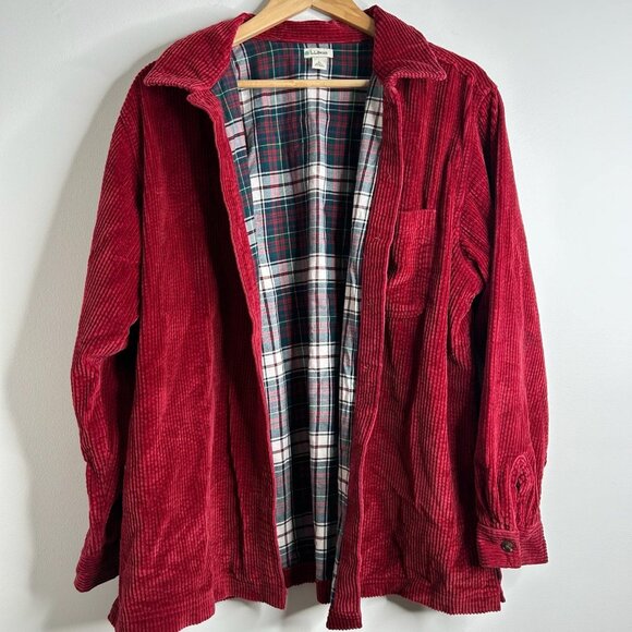 LL Bean Corduroy Shirt Jacket Womens L Red Flannel Lined Button Up Shacket Warm - Picture 2 of 11